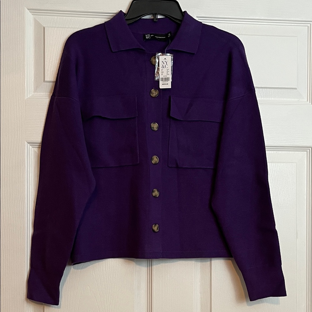 NY&C Button‑Front Shacket Cardigan Purple - Women’s M - NWT